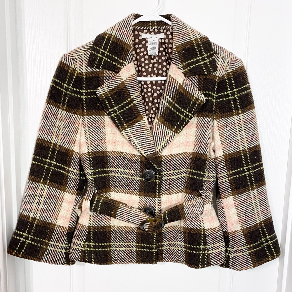CAbi Belted Plaid Wool Blend Belted Cropped Blazer Jacket Brown Pink Size 4